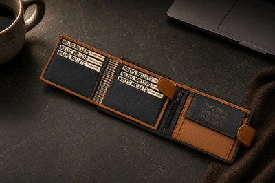 Personalised High-Capacity Navy & Tan Leather Wallet – Bifold RFID Wallet for Men