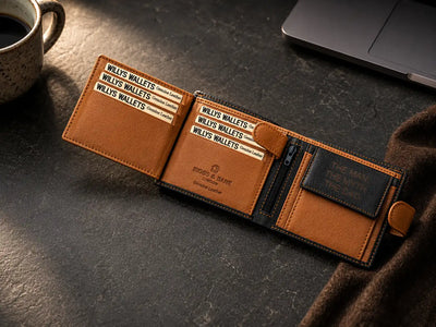 Personalised High-Capacity Navy & Tan Leather Wallet – Bifold RFID Wallet for Men