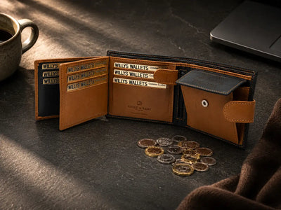 Personalised High-Capacity Navy & Tan Leather Wallet – Bifold RFID Wallet for Men