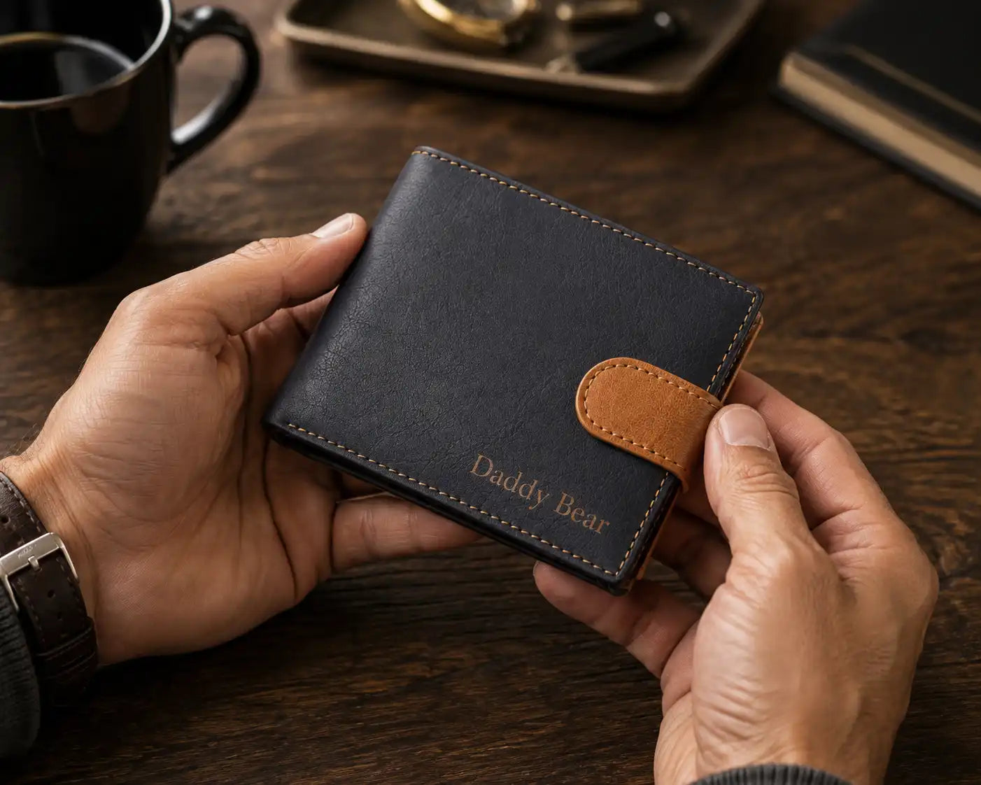 Personalised High-Capacity Navy & Tan Leather Wallet – Bifold RFID Wallet for Men