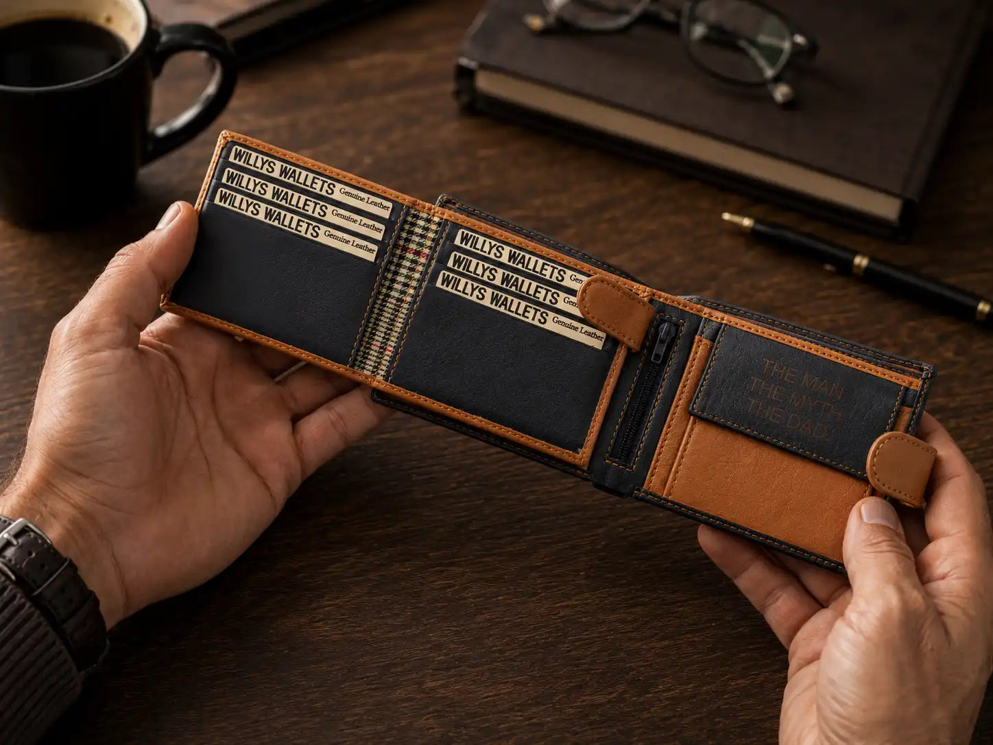 Personalised High-Capacity Navy & Tan Leather Wallet – Bifold RFID Wallet for Men