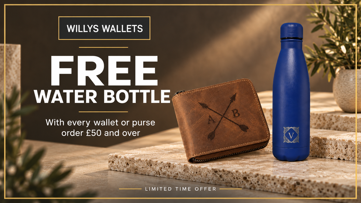 Willys Wallets free water bottle offer with wallet or purse orders of £50 and over