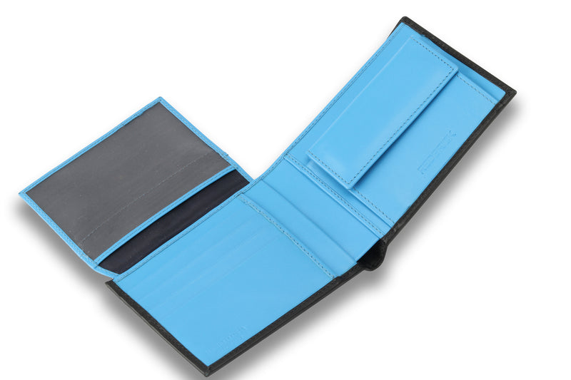 Personalised Engraved Black & Blue Bifold Leather Wallet