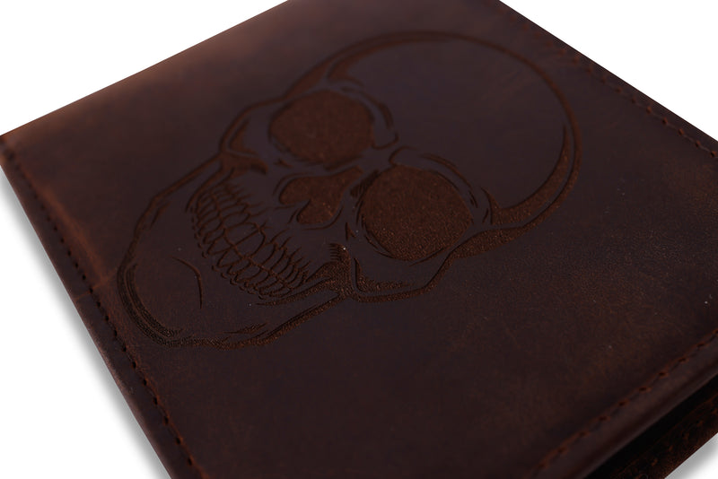 Personalised Skull Engraved Brown Bifold Leather Wallet