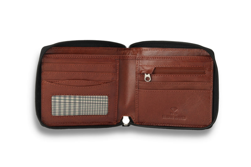 Personalised Engraved Black & Brown Bifold Zip Around Leather Wallet