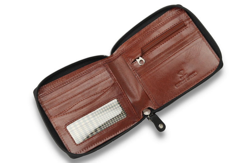 Personalised Engraved Black & Brown Bifold Zip Around Leather Wallet