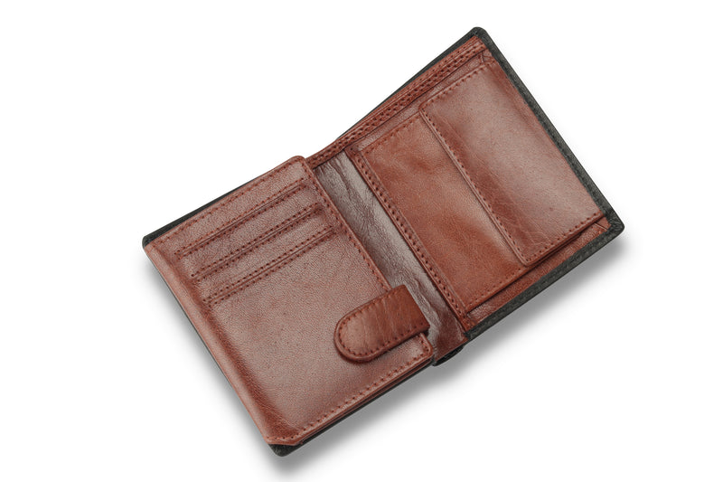 Personalised Engraved Black & Brown Trifold Leather Wallet