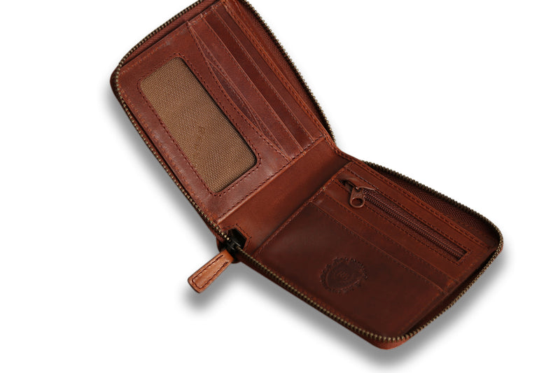 Personalised Engraved Cognac Bifold Zip Around Leather Wallet